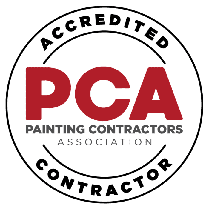 PCA Painting Contractors Association accredited contractor certification badge with red letters on white circular background.