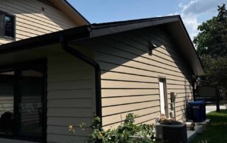 Cream horizontal vinyl siding with black roof overhang and trim on residential exterior in Saint Charles, IL