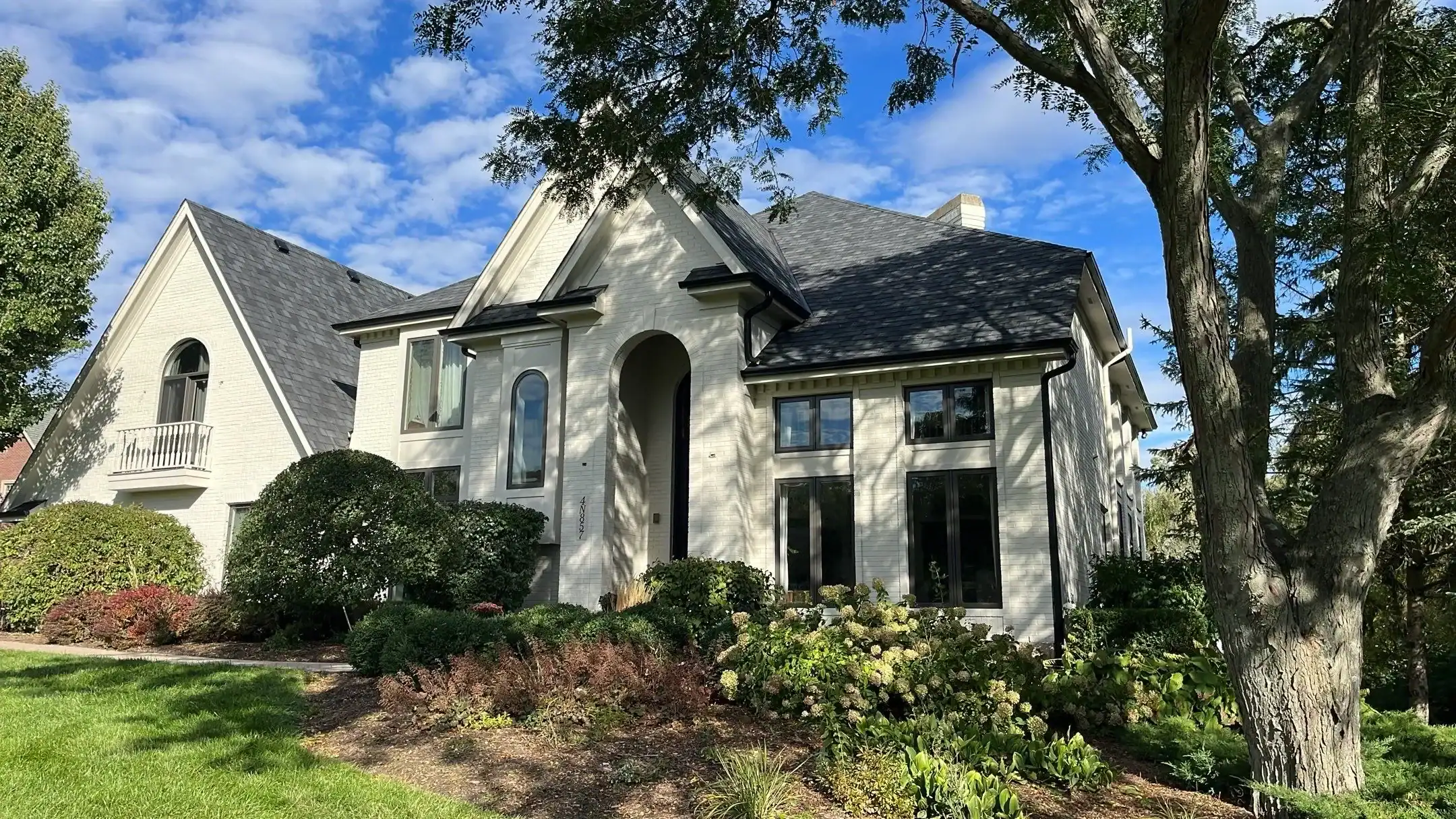 White Painted Residential Exterior White-painted two-story residential home with dark roof, black-trimmed arched windows, and large shade trees in Saint
