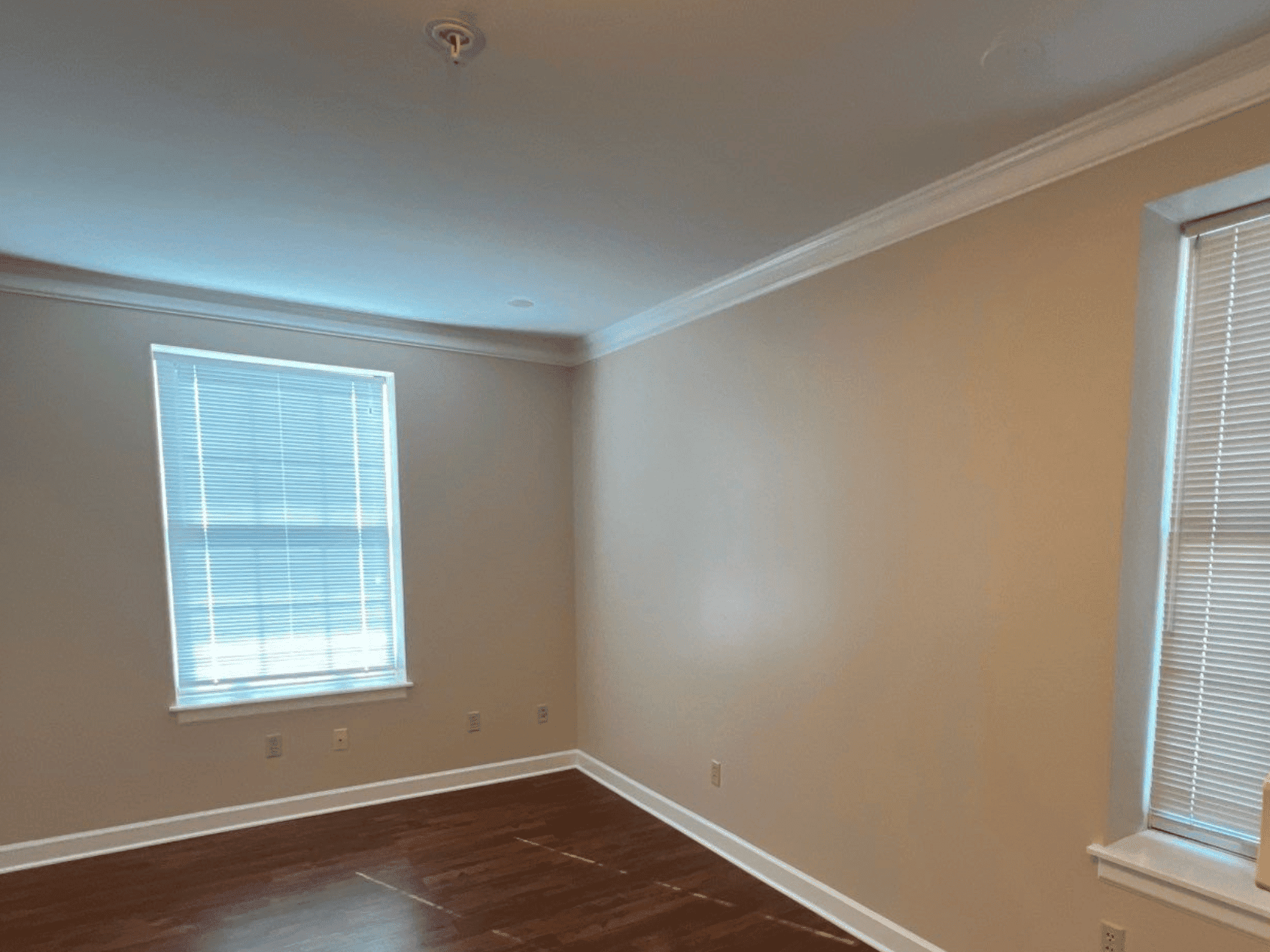 Tan Bedroom with White Trim Tan-painted residential bedroom with white crown molding, white trim, dark wood flooring, and two windows with blinds