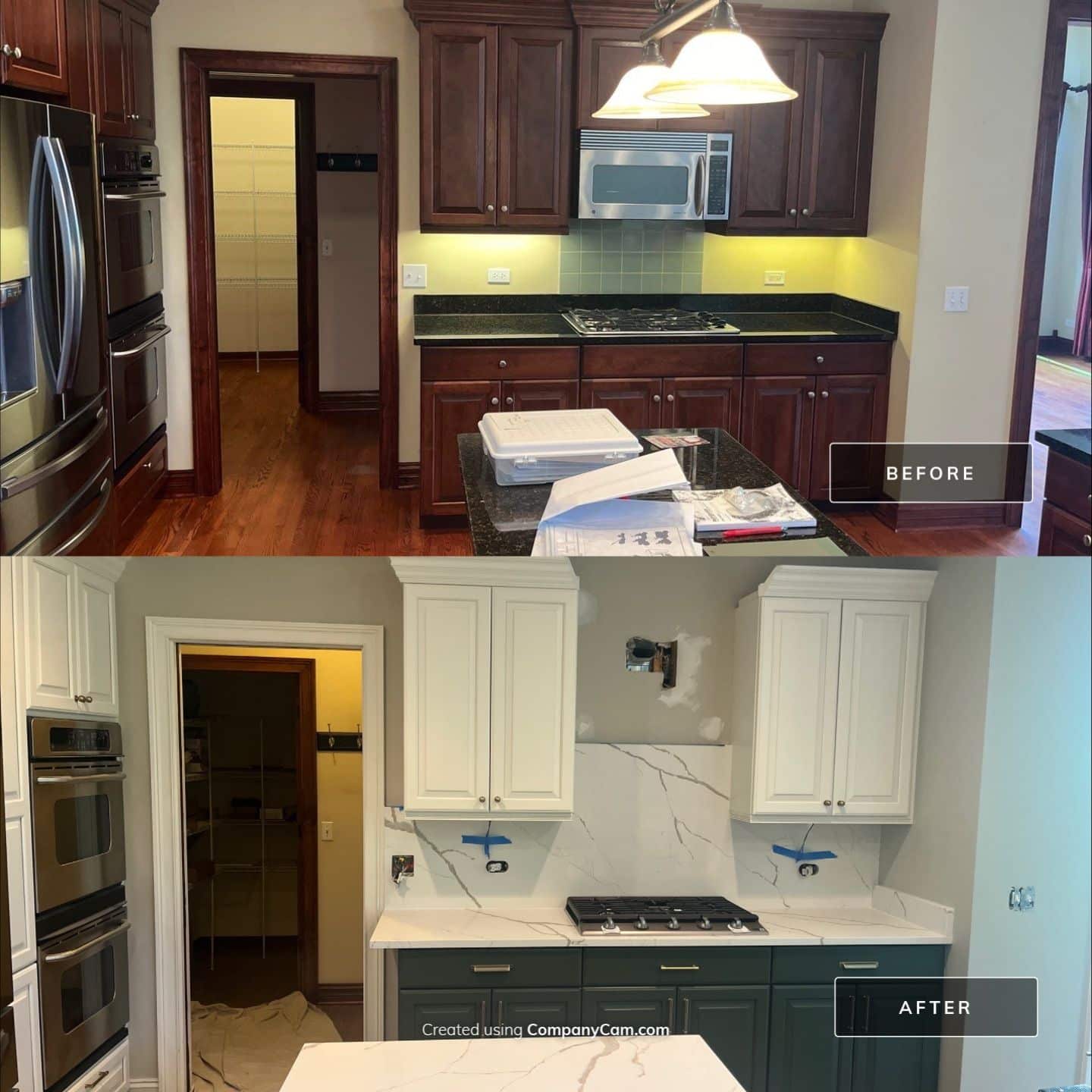 Kitchen Cabinet Refinishing Before After Before-and-after kitchen cabinet refinishing: dark cherry cabinets with yellow backsplash transformed to cream upper and