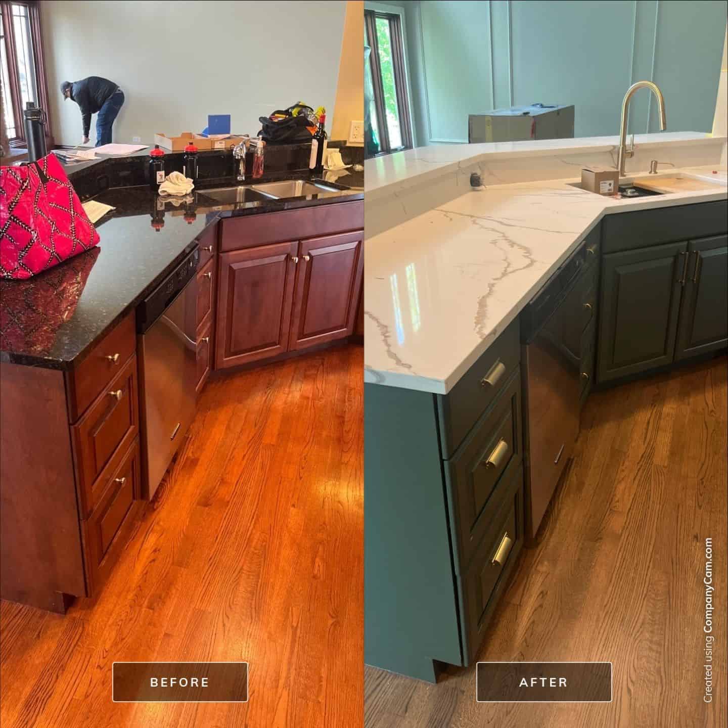 Kitchen Cabinet Refinishing Before After Before-and-after kitchen cabinet refinishing: dark cherry cabinets with black countertop transformed to charcoal lower