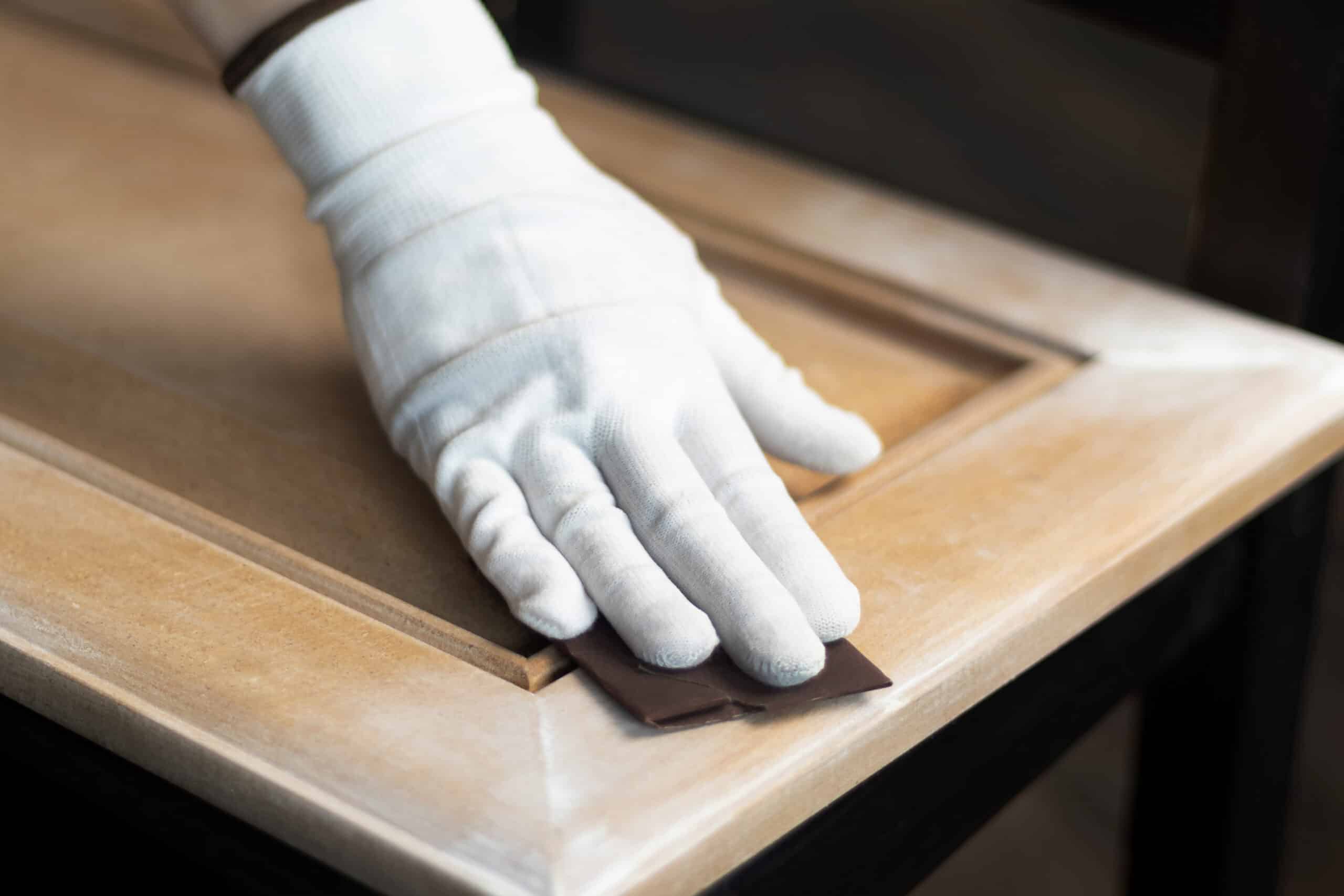 Dark Stain Applied To Wood Door Hand in white cotton glove applying dark brown stain to natural wood door trim with brush during interior residential